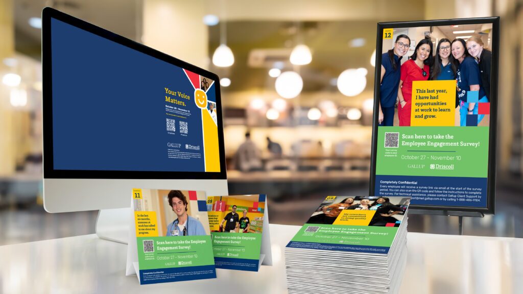 a mockup of posters, flyers and a computer featuring art about the employee engagement survey