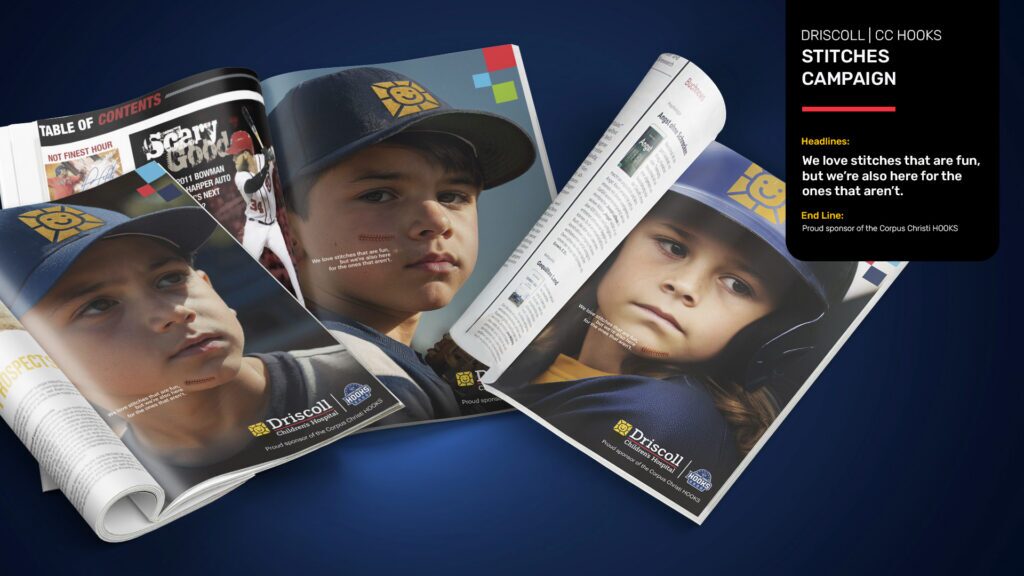 a mockup featuring 3 ads for the Corpus Christi Hooks Baseball team