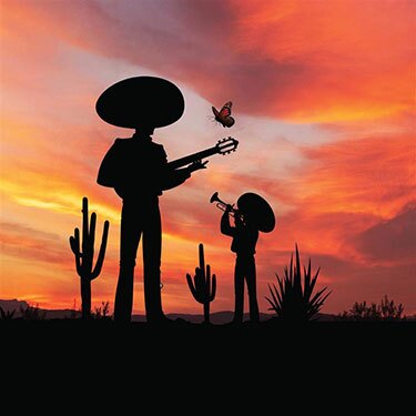 Mariachi singer standing in the desert at sunset.