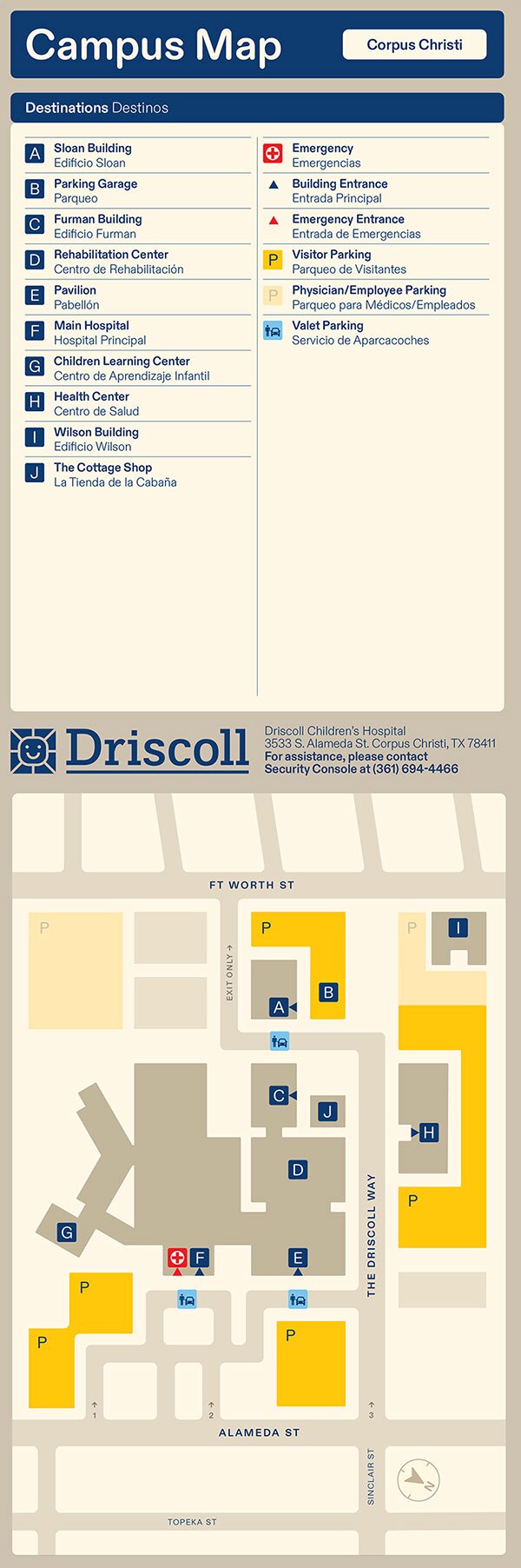 Driscoll Children's Hospital, Corpus Christi Campus map and Legend.