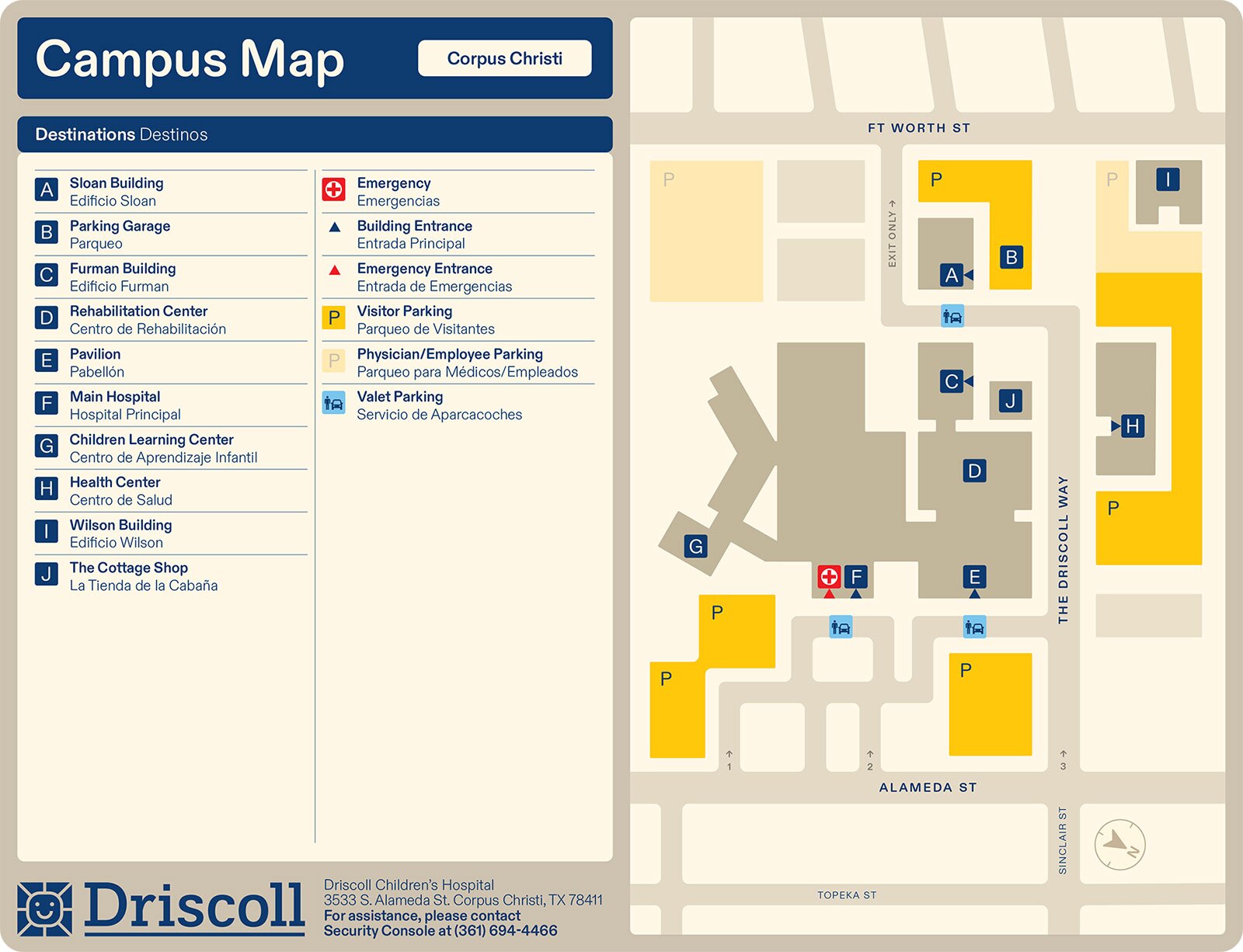 Driscoll Children's Hospital, Corpus Christi Campus map and Legend.