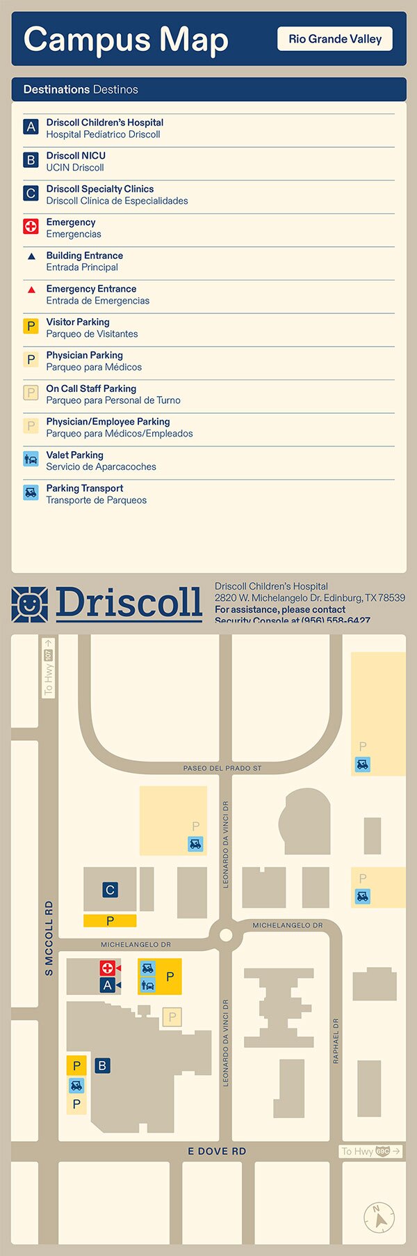 Driscoll Children's Hospital, Rio Grande Valley Campus map and Legend.