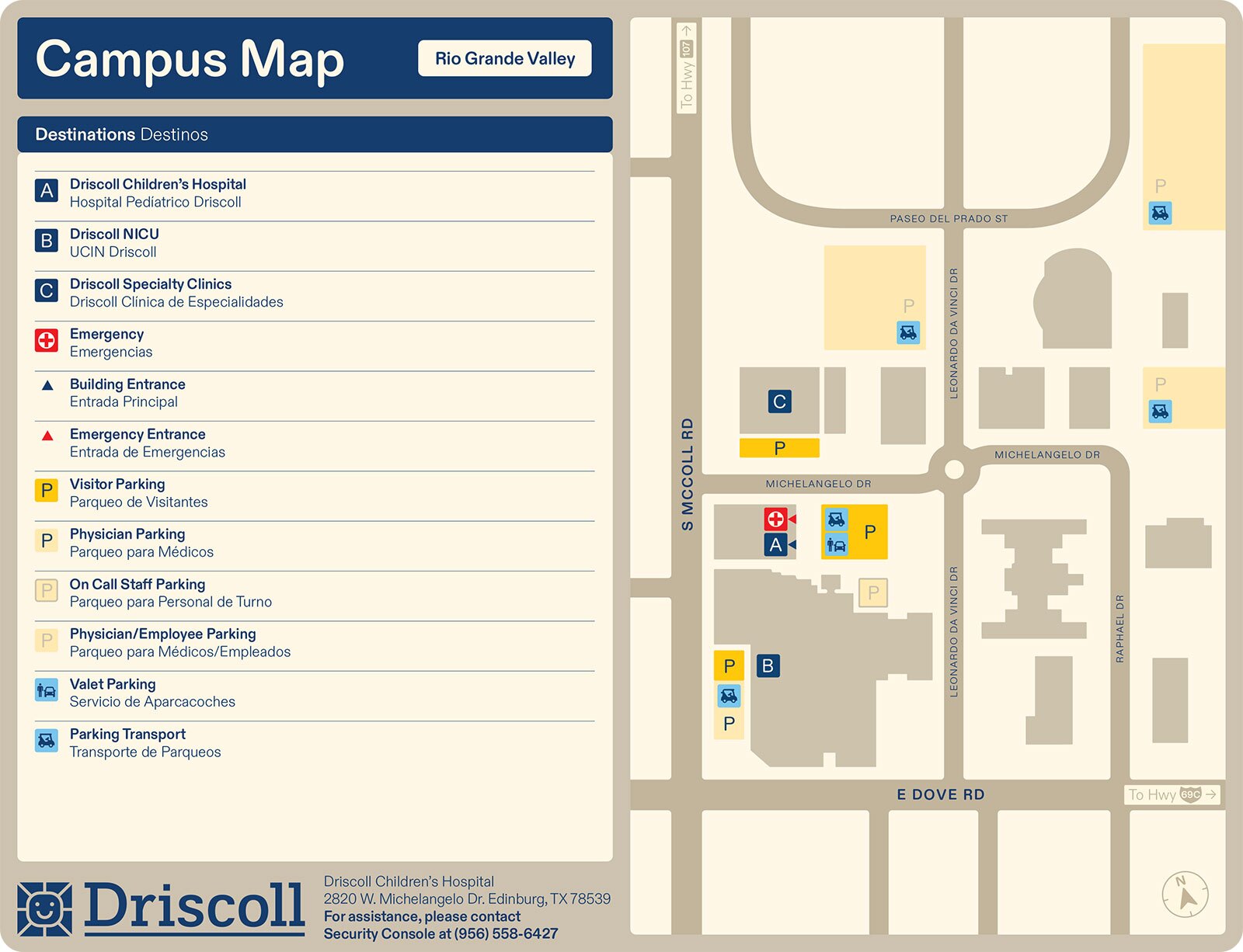 Driscoll Children's Hospital, Rio Grande Valley Campus map and Legend.