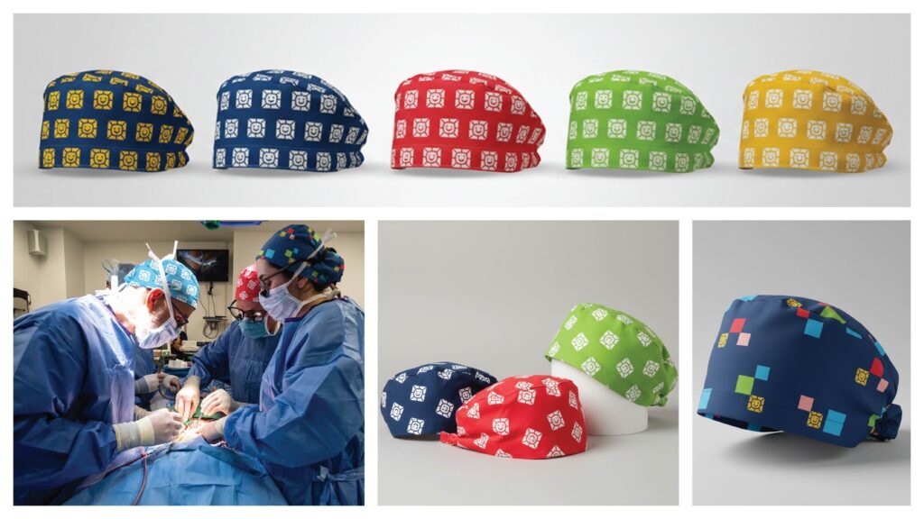 a mockup of scrub hats with the Driscoll logo