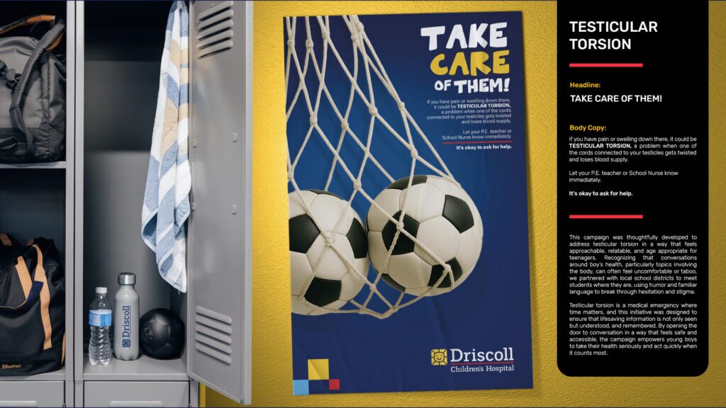 a mockup of a poster about Testicular Torsion that says "Take Care of Them"