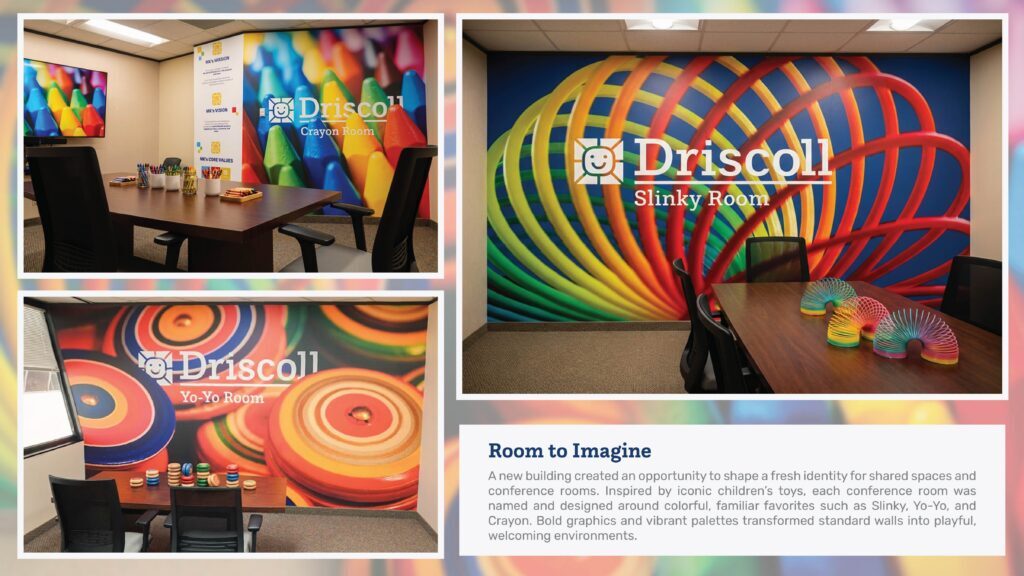 Mockups of murals in the "Slinky Room", "Crayon Room", and "Yo Yo Room"